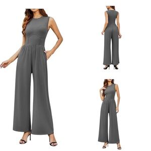 Women’s Dark Gray Ribbed Structured Wide Leg Jumpsuit